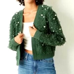 Mighty Fine NWT Hunter Green Loop Pearl Cropped Cardigan Sweater Soft Knit Sz S